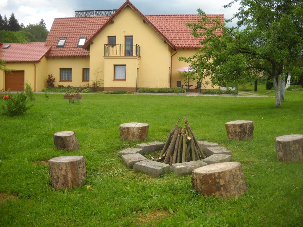 ogród z kłodami i miejscem na ognisko przed domem w obiekcie Willa Sielanka w Kudowie Zdroju