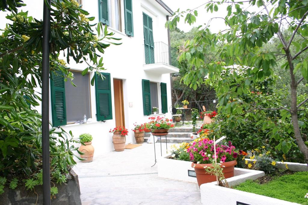 a white house with green shutters and potted plants at B&B Le Giare in Monterosso al Mare