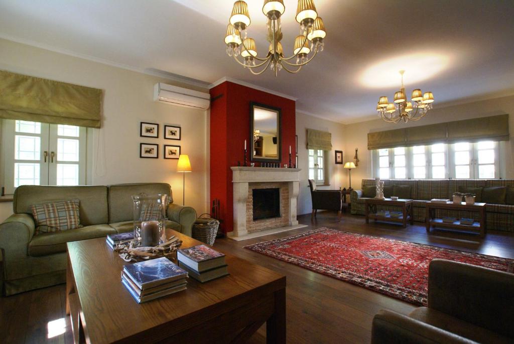 a living room with a couch and a fireplace at Gamila Rocks Mountain Hotel in Aristi