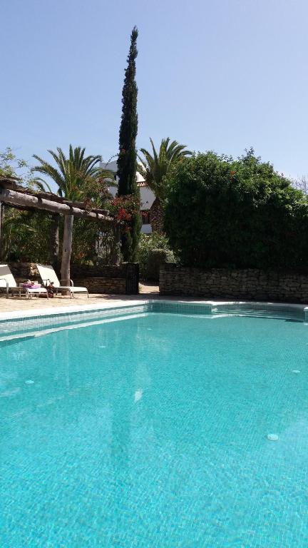 una gran piscina azul con 2 sillas y árboles en Cortijo del Sueño, en Vejer de la Frontera