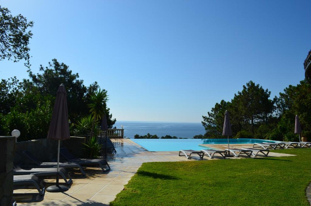 una piscina con un mucchio di sedie e ombrelloni di Residence Mare e Monte a Favone