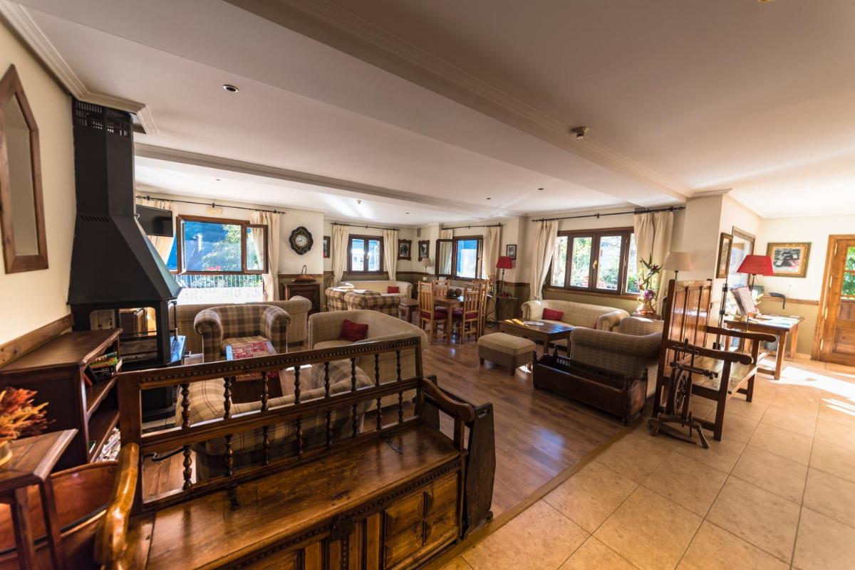 Una sala de estar llena de muebles y una chimenea. en Aparthotel Sarrato, en Sallent de Gállego