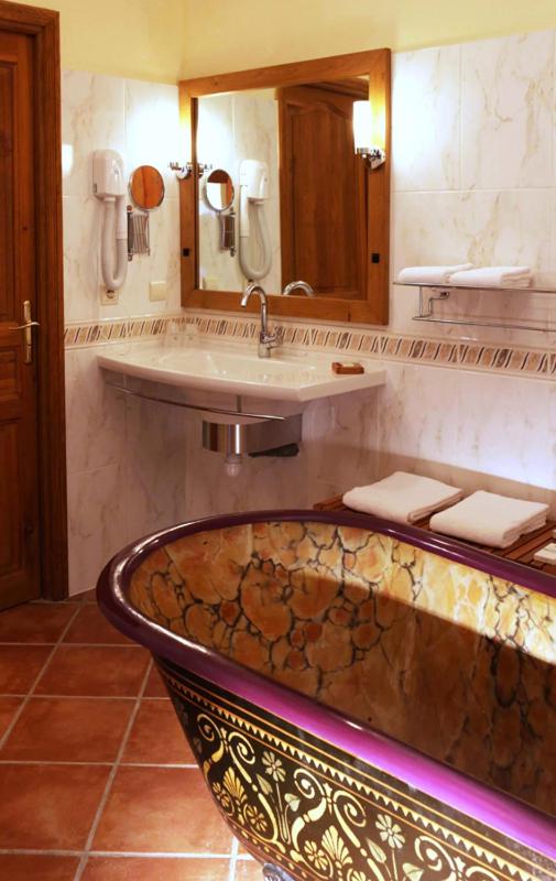 La salle de bains est pourvue d'un grand lavabo et d'une baignoire. dans l'établissement Domaine Saint-Roch Hotel Spa, à Salzuit