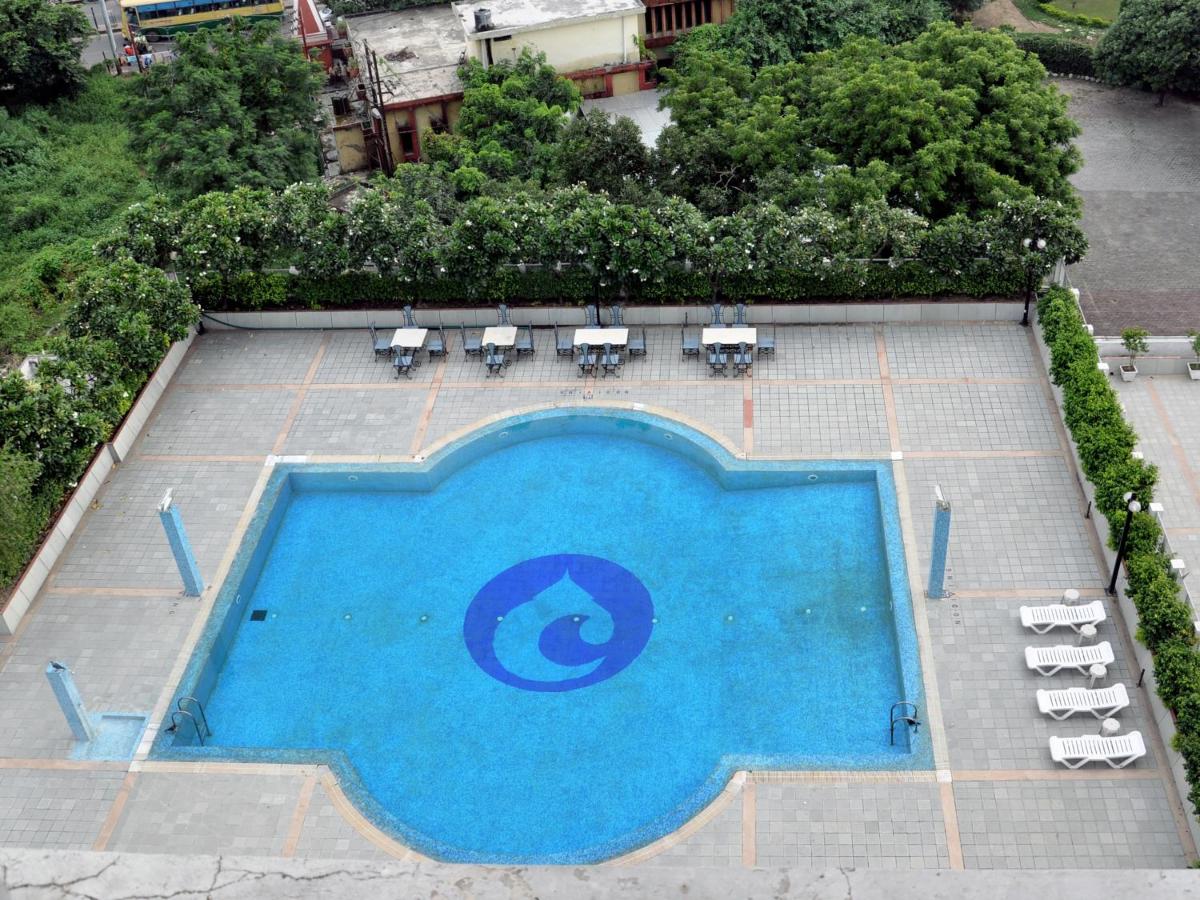 an overhead view of a swimming pool with chairs and trees at Clarks Avadh in Lucknow