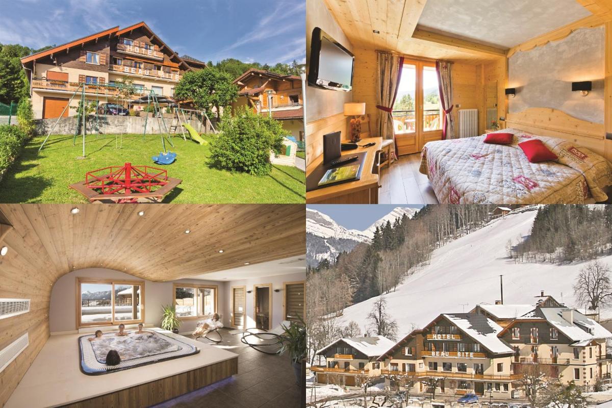 un collage de quatre photos d'une chambre d'hôtel dans l'établissement Logis Hotel & Spa Beau-Site, à Saint-Jean-de-Sixt