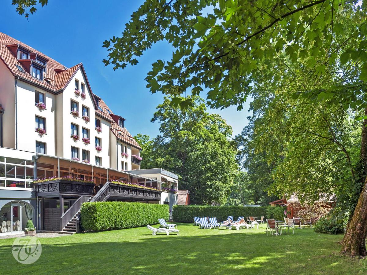 un parc en face d'un bâtiment avec des chaises longues dans l'établissement Hotel Restaurant & Spa Verte Vallée, à Munster