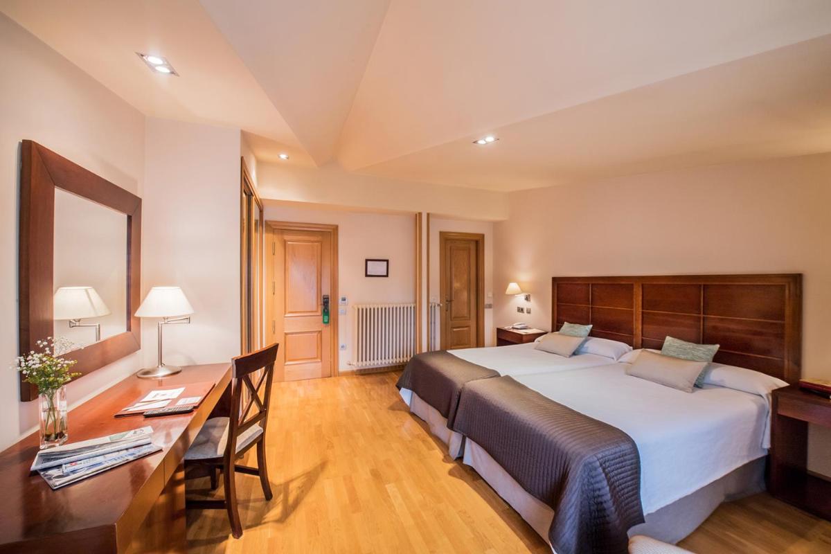 Un dormitorio con una cama grande y un escritorio. en Hotel Villa Virginia, en Sabiñánigo