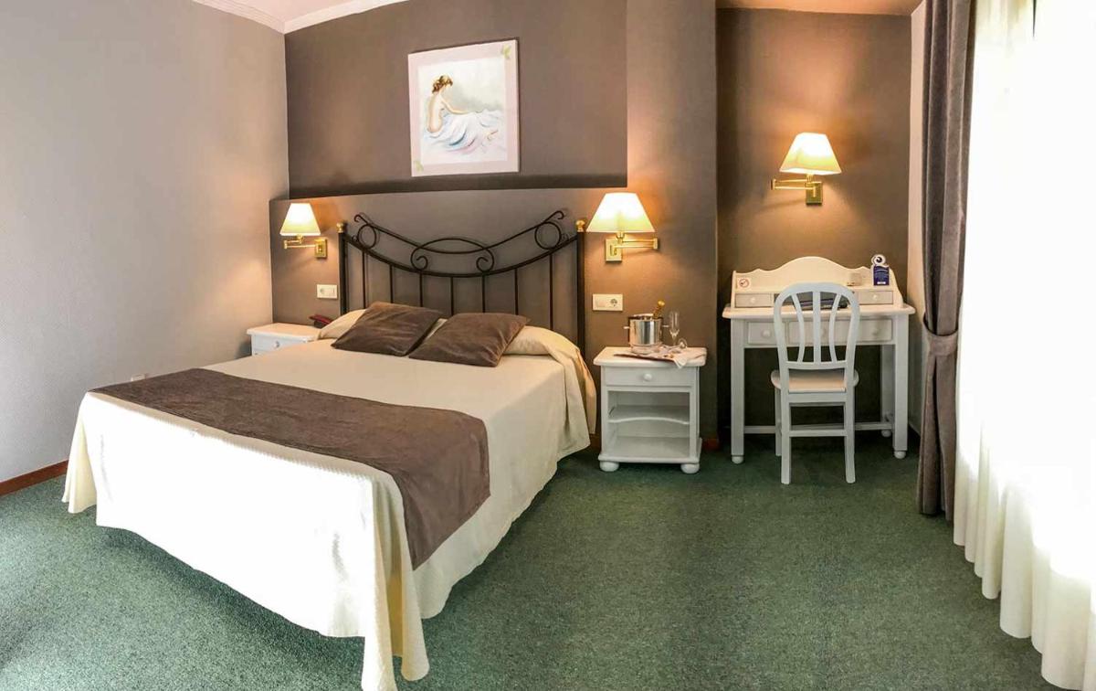 Una habitación de hotel con una cama grande y un escritorio. en Hotel Spa Bosque mar, en Reboredo