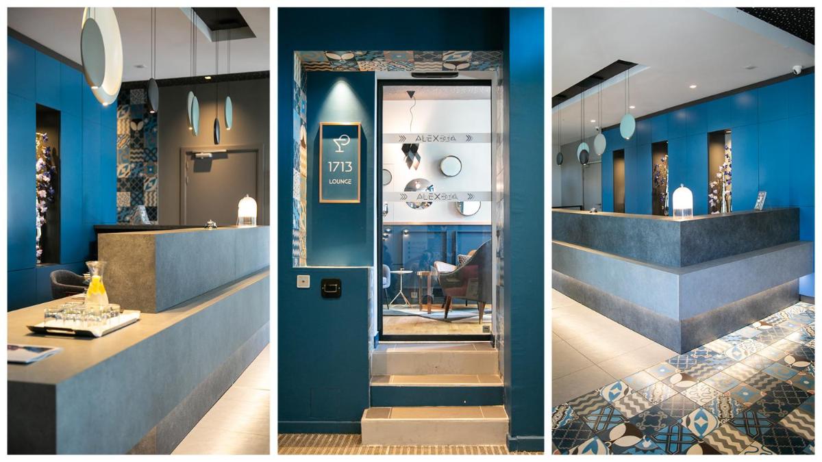 deux photos d'un restaurant avec un mur bleu dans l'établissement Alex Hotel & Spa, à Marseille