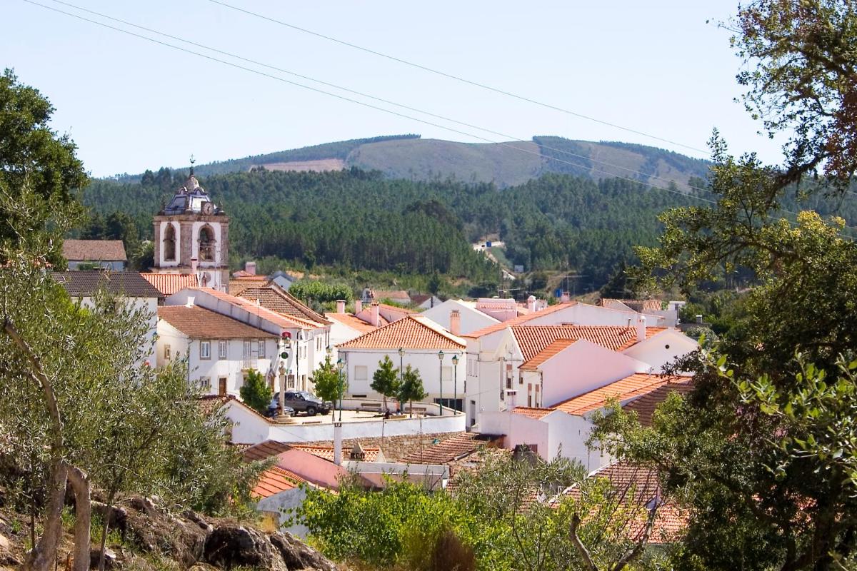 uma vista para uma cidade com uma igreja e telhados em Hotel Da Montanha em Pedrógão Pequeno