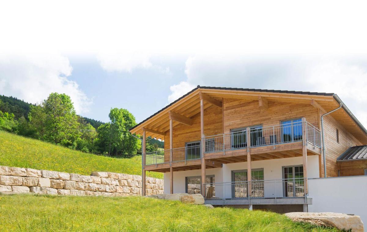 ein großes Holzhaus auf einem Hügel in der Unterkunft Alb Appartements in Albstadt