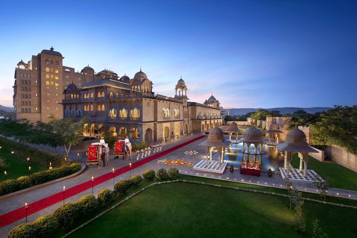 an aerial view of a large building with a lawn at Fairmont Jaipur in Jaipur