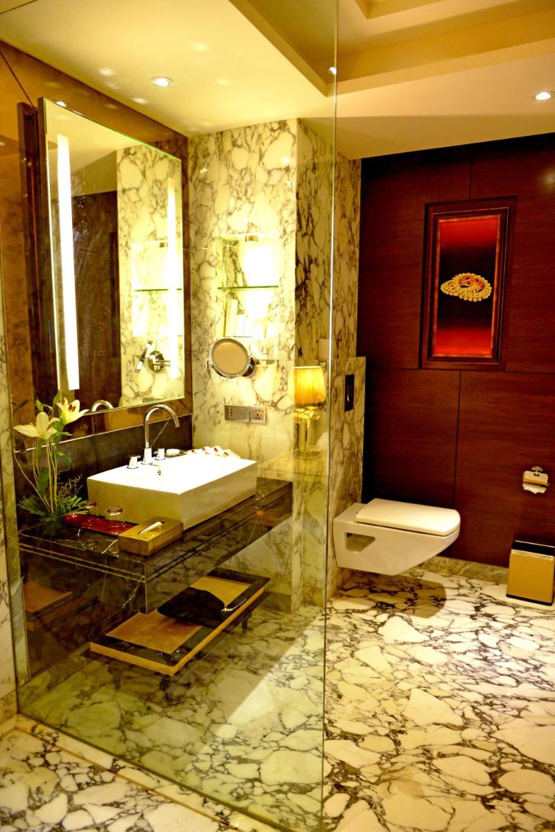 a bathroom with a sink and a toilet at Radisson Blu Jaipur in Jaipur