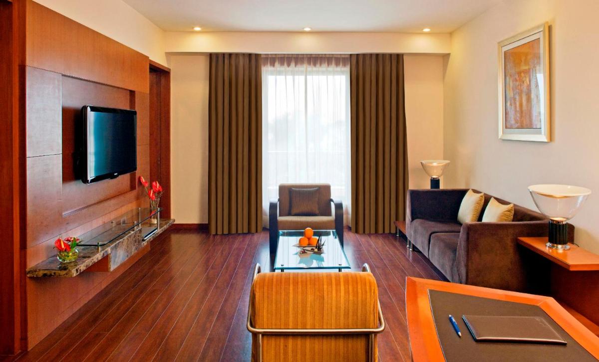 a living room with a couch and a tv at Radisson Blu Plaza Delhi Airport in New Delhi a living room with a couch and a tv at Radisson Blu Plaza Delhi Airport in New Delhi