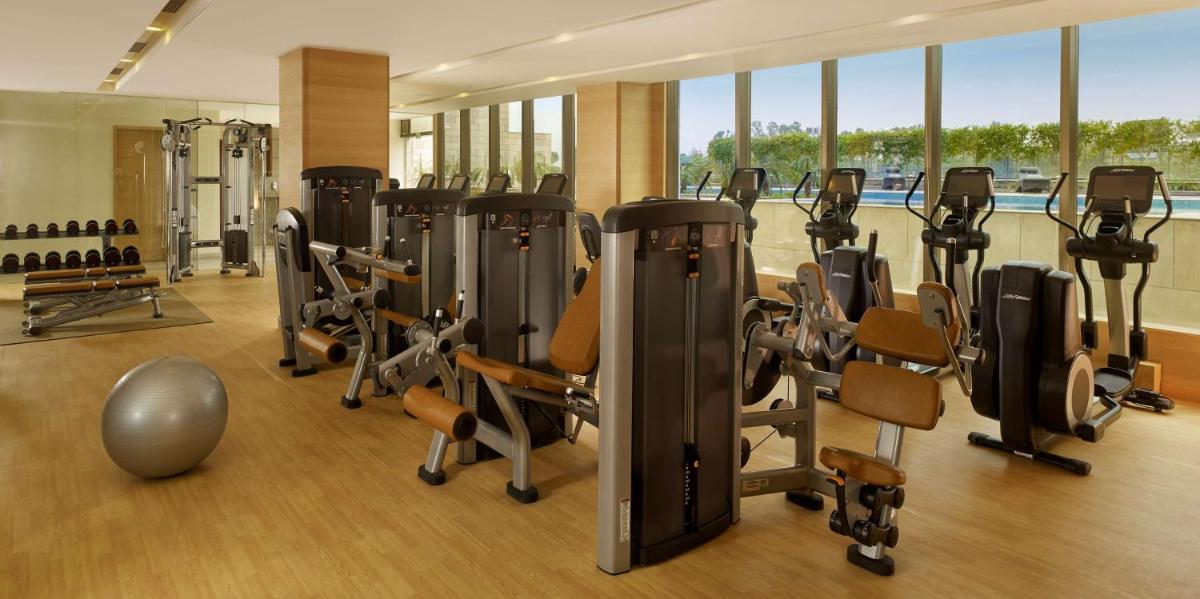 a gym with a bunch of treadmills and weights at Hyatt Regency Chandigarh in Chandīgarh