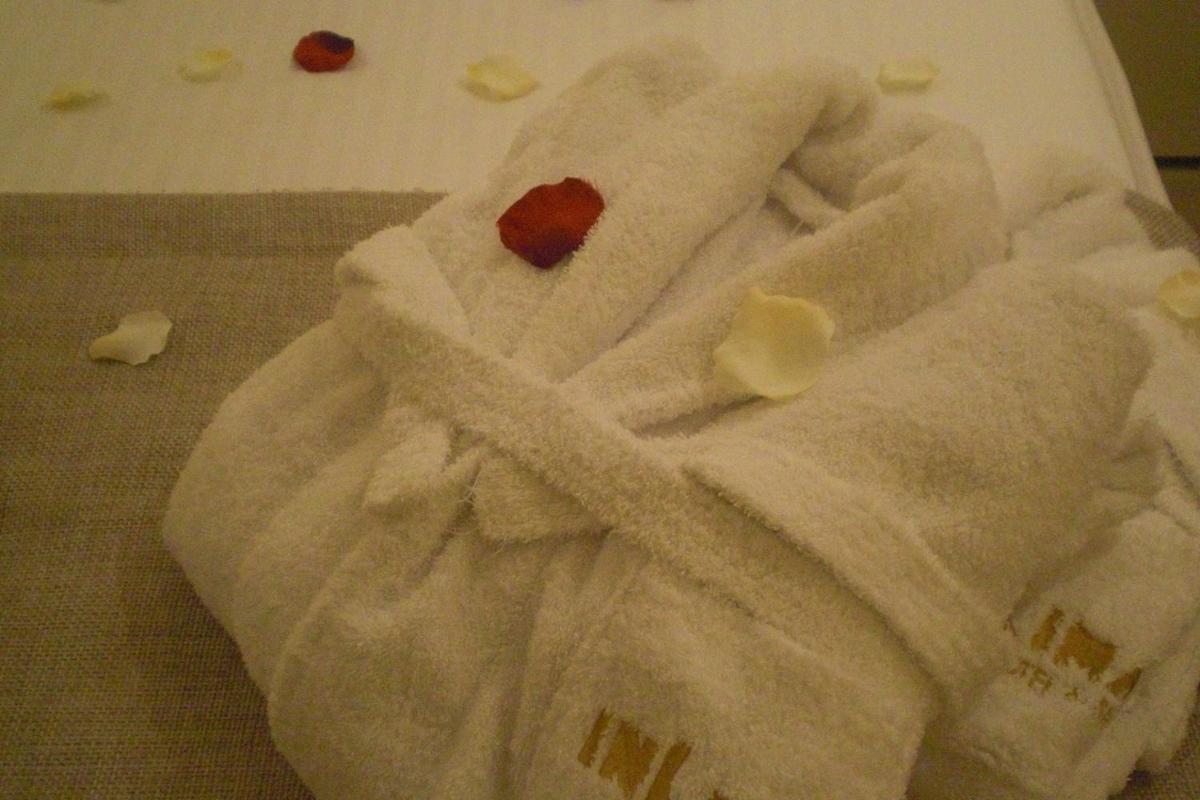 uma toalha branca com um cão no chão em INLIMA Hotel & Spa em Ponte de Lima