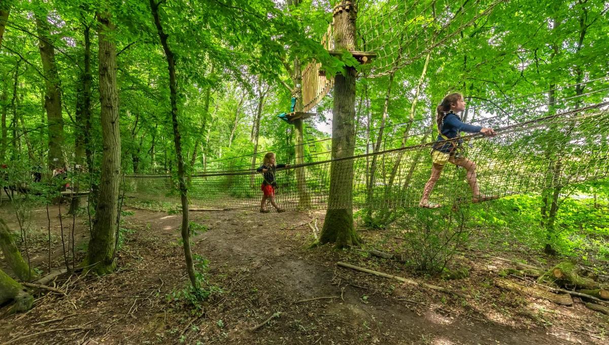 Una mujer y un niño jugando en una tirolina en el bosque. en Center Parcs Villages Nature Paris, en Bailly-Romainvilliers
