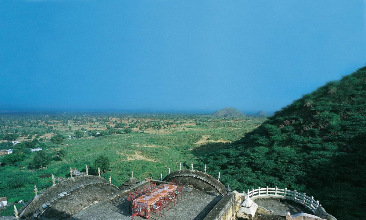 an aerial view of a mountain with two bridges at Neemrana Fort-Palace in Neemrana