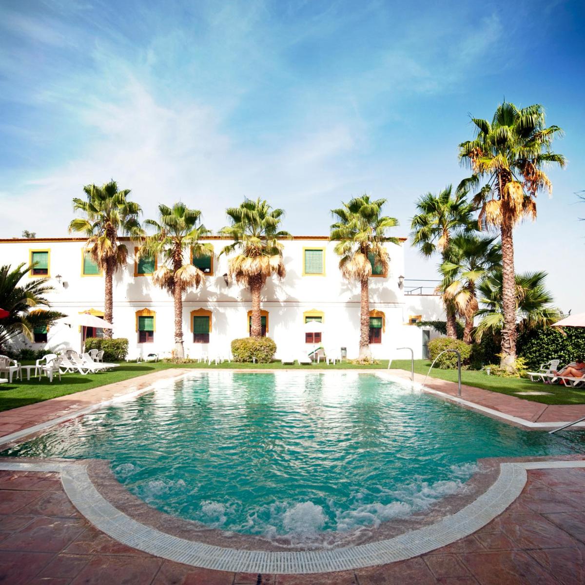 una piscina frente a un edificio con palmeras en Hotel Balneario El Raposo, en Puebla de Sancho Pérez