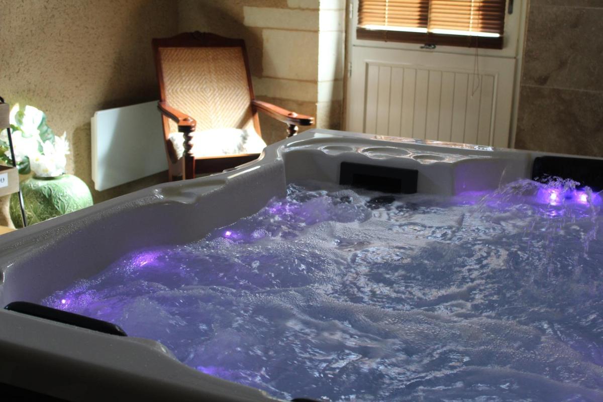 une baignoire jacuzzi avec des lumières violettes dans une chambre dans l'établissement Hôtel & Spa Chai De La Paleine, à Le Puy-Notre-Dame 47 autres photos