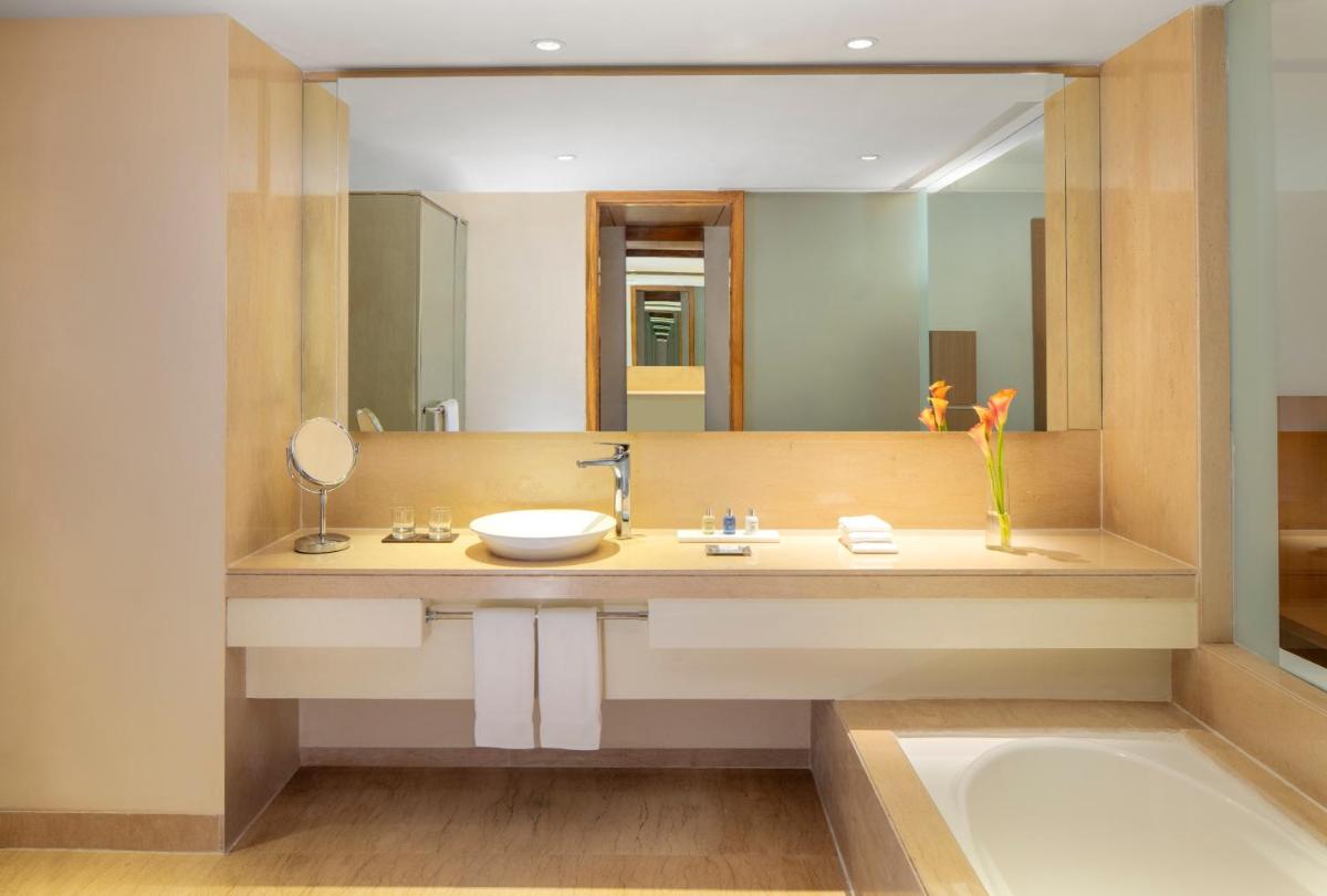 a bathroom with a sink and a large mirror at Radisson Blu Plaza Hotel Hyderabad Banjara Hills in Hyderabad a bathroom with a sink and a large mirror at Radisson Blu Plaza Hotel Hyderabad Banjara Hills in Hyderabad