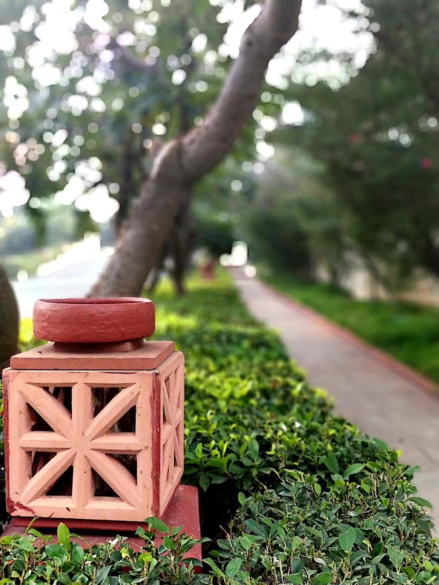 a red box sitting on top of a bush at Trident Agra in Agra