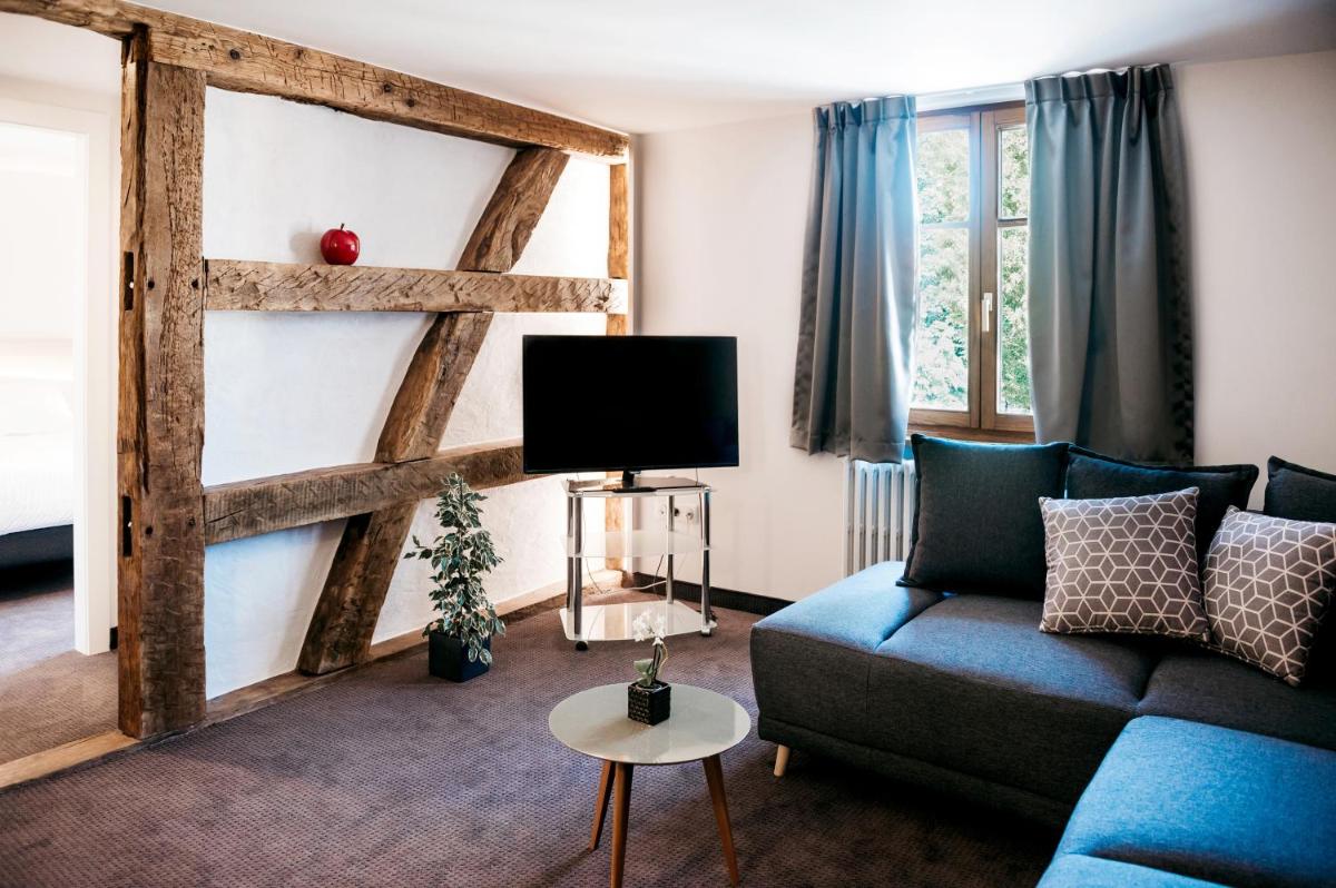 un salon avec un canapé bleu et une porte coulissante de style grange dans l'établissement Logis Hôtel Restaurant Au Lion Rouge, à Bartenheim