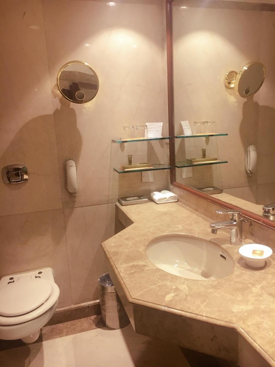 a bathroom with a sink and a toilet and a mirror at The Suryaa New Delhi in New Delhi a bathroom with a sink and a toilet and a mirror at The Suryaa New Delhi in New Delhi