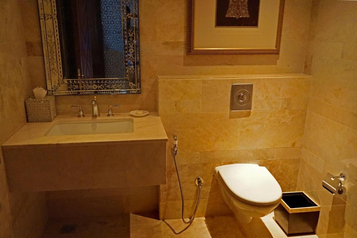 a bathroom with a toilet and a sink at The Leela Palace Udaipur in Udaipur