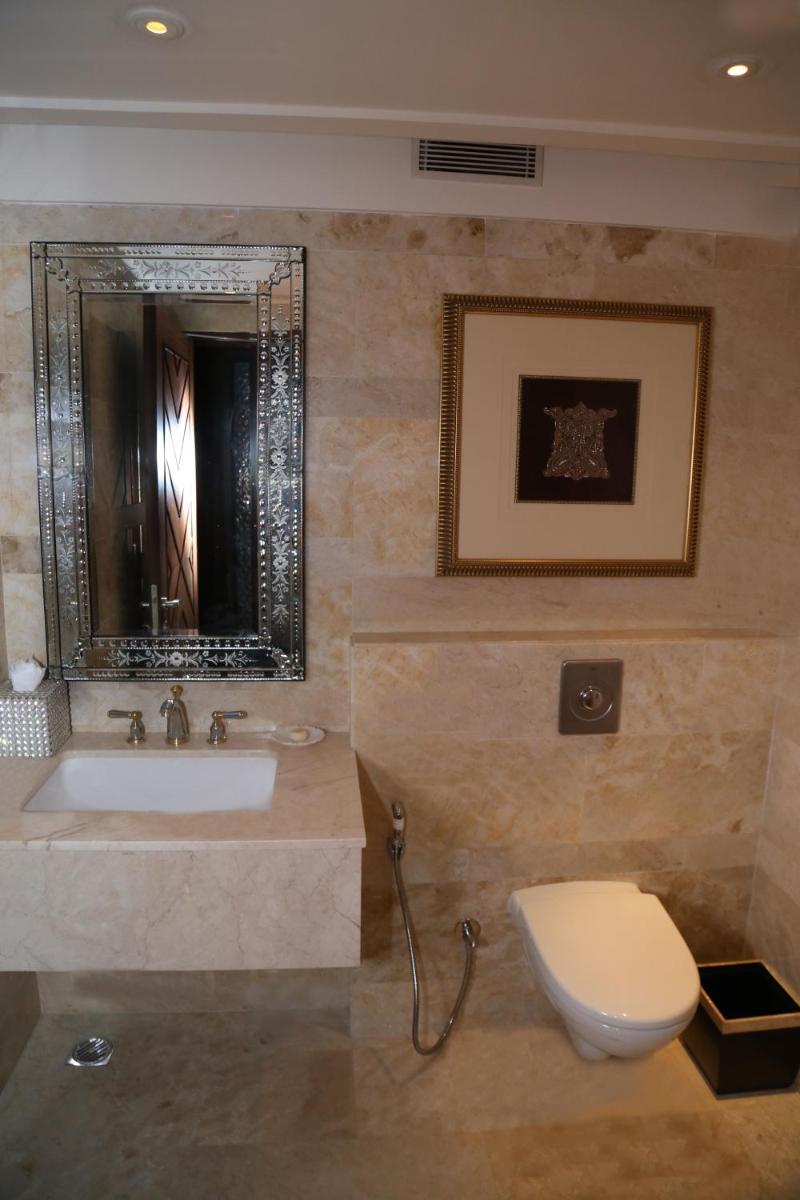 a bathroom with a sink and a toilet and a mirror at The Leela Palace Udaipur in Udaipur