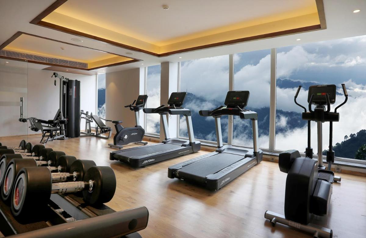 a gym with several treadmills and a large window at Welcomhotel by ITC Hotels, Shimla in Shimla