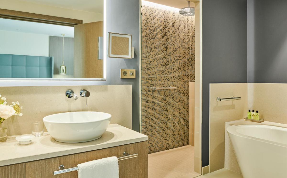 La salle de bains est pourvue d'un lavabo et d'une douche. dans l'établissement InterContinental Lyon - Hotel Dieu by IHG, à Lyon