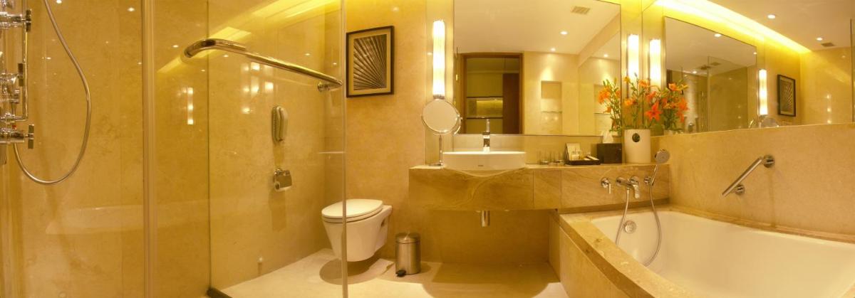 a bathroom with a shower and a toilet and a sink at Taj Coromandel in Chennai