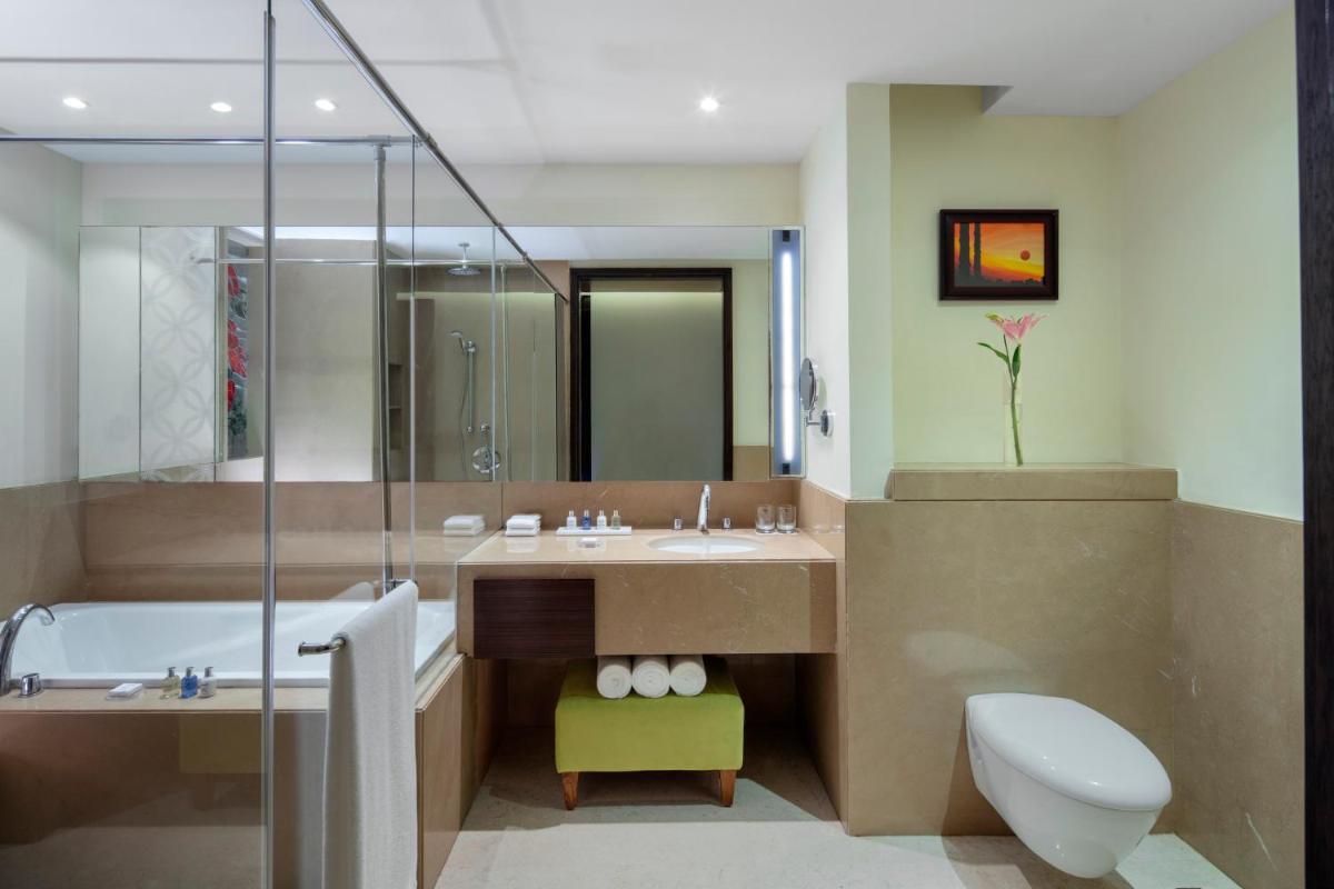 a bathroom with a tub and a sink and a toilet at Radisson Blu Plaza Hotel Mysore in Mysore