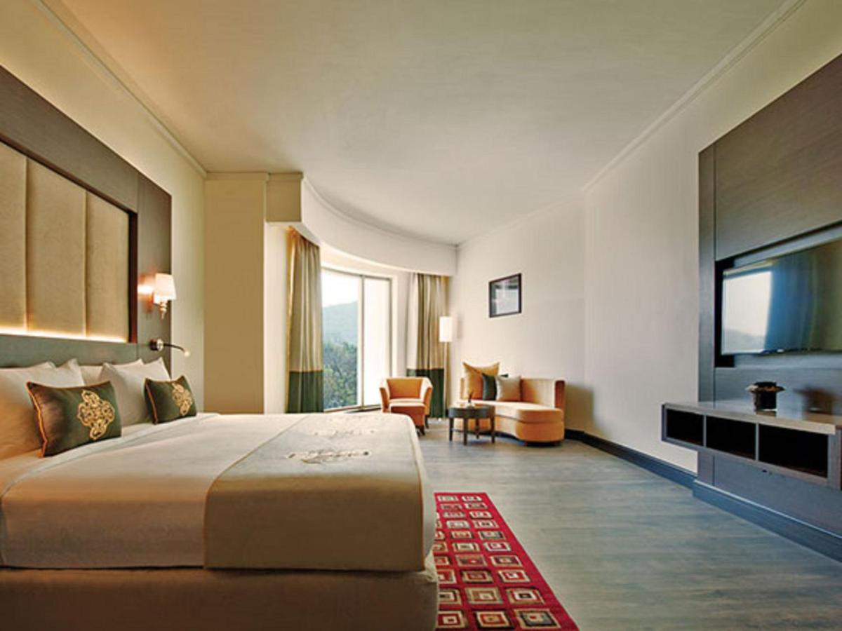 a hotel room with a bed and a flat screen tv at Radisson Blu Plaza Hotel Mysore in Mysore