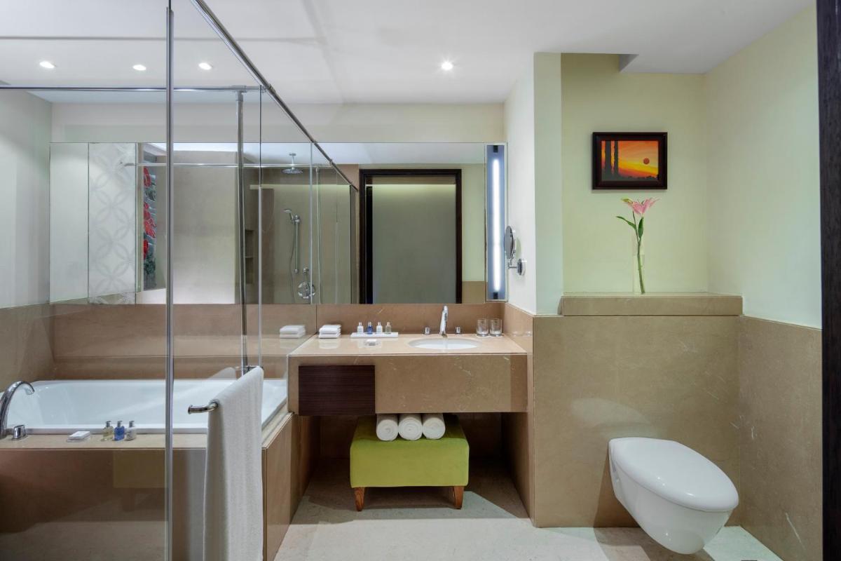 a bathroom with a tub and a sink and a toilet at Radisson Blu Plaza Hotel Mysore in Mysore