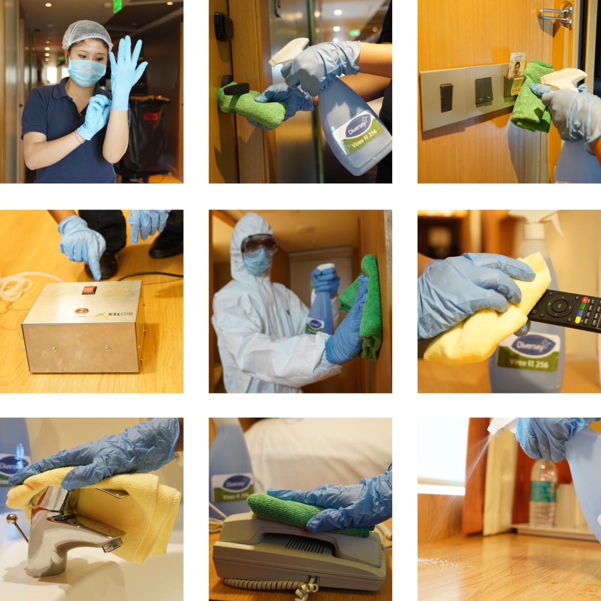 a collage of pictures of various cleaning services at Novotel Chennai Chamiers Road in Chennai