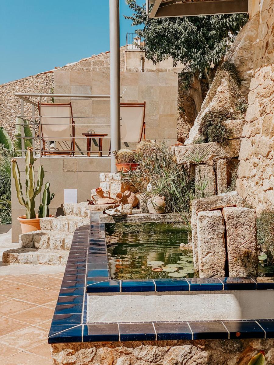 Una fuente de agua en un jardín con un estanque en Can Cota Boutique - Turismo de interior, en Selva