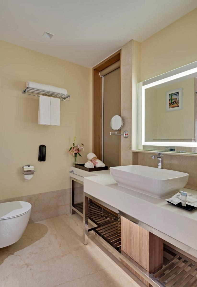 a bathroom with a large sink and a toilet at O by Tamara, Trivandrum in Trivandrum