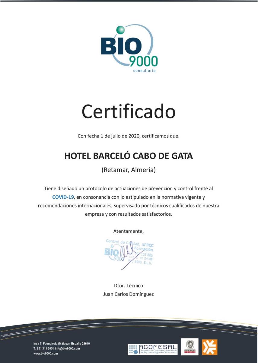 Certificado, premio, señal o documento que está expuesto en Barceló Cabo de Gata