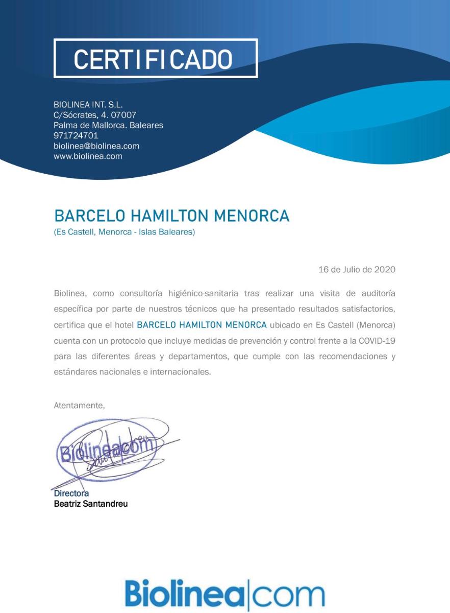 Certificado, premio, señal o documento que está expuesto en Barceló Hamilton Menorca - Adults Only