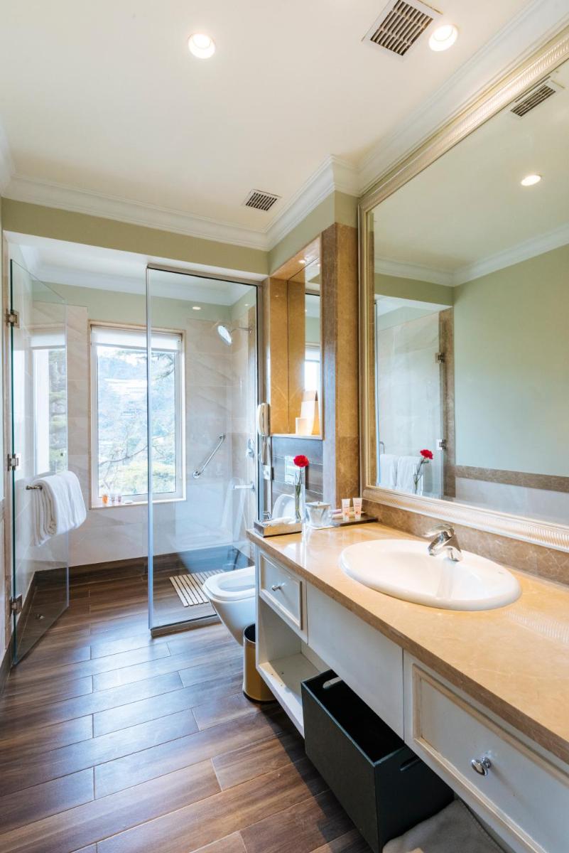a bathroom with a sink and a toilet and a mirror at Welcomhotel by ITC Hotels, The Savoy, Mussoorie in Mussoorie