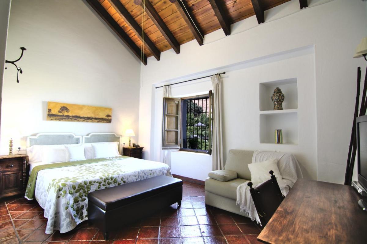 Un dormitorio con una cama, un sofá y una mesa. en Hotel Fuente del Sol, en Antequera