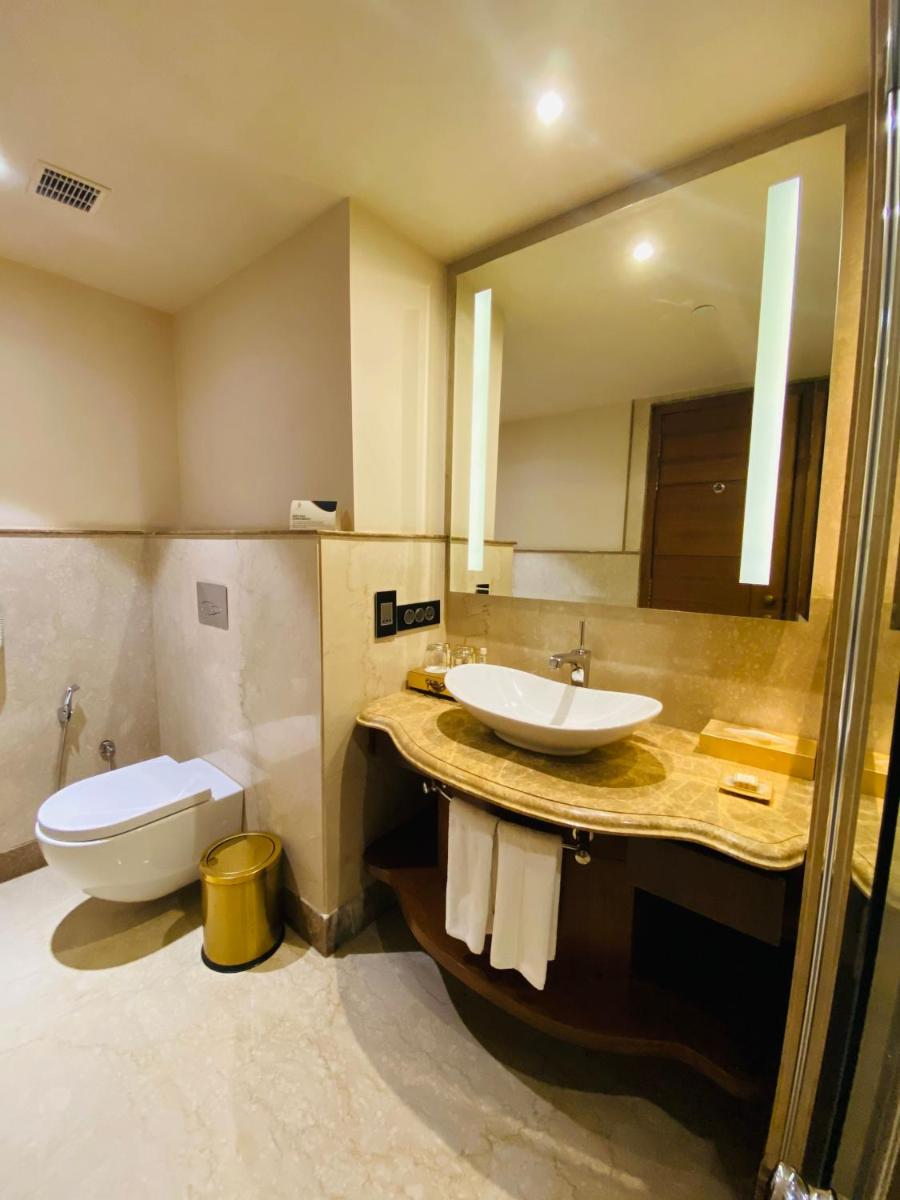 a bathroom with a sink and a toilet and a mirror at Seven Seas Hotel in New Delhi
