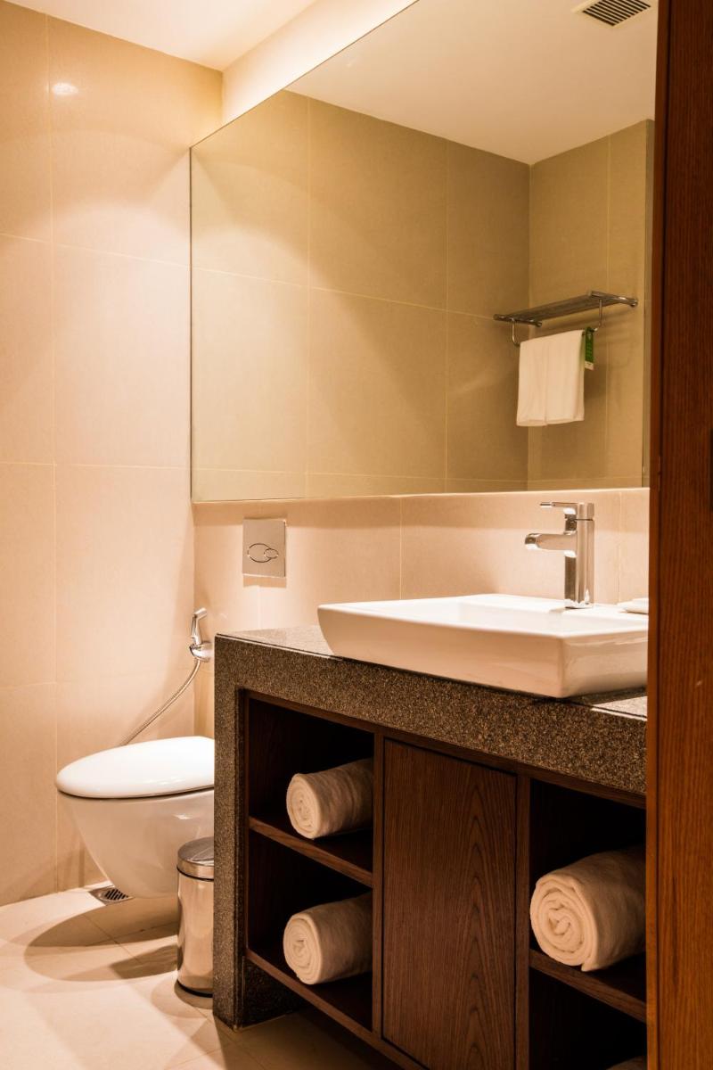 a bathroom with a sink and a toilet at Oakwood Residence Kapil Hyderabad in Hyderabad