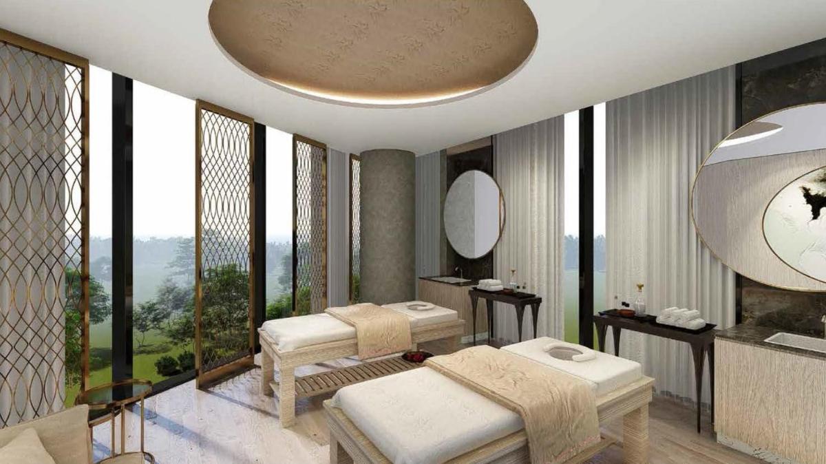 a bedroom with three beds and a large window at The Leela Bhartiya City Bengaluru in Bengaluru a bedroom with three beds and a large window at The Leela Bhartiya City Bengaluru in Bengaluru