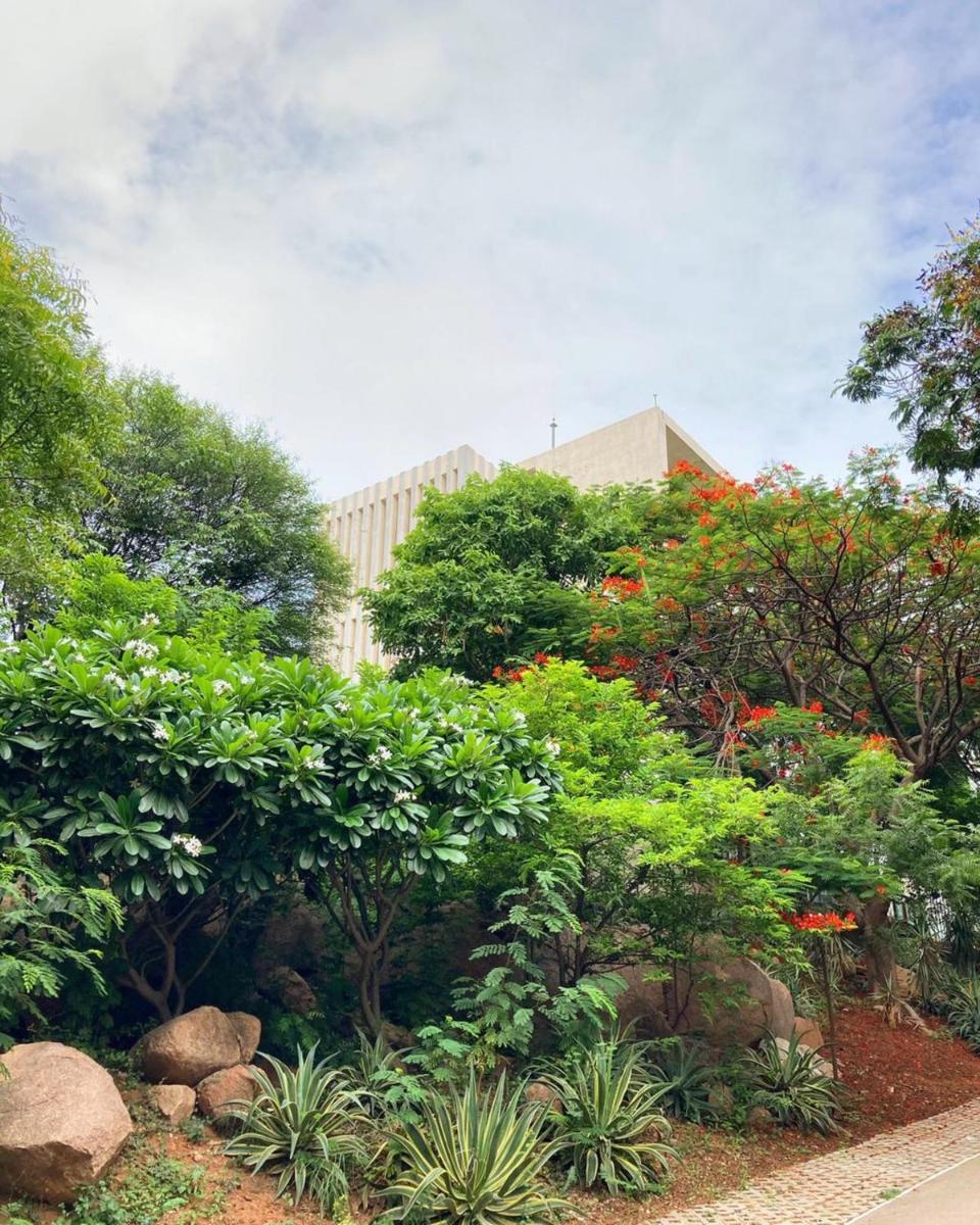 a garden with flowers and trees and a building at Hyatt Hyderabad Gachibowli in Hyderabad