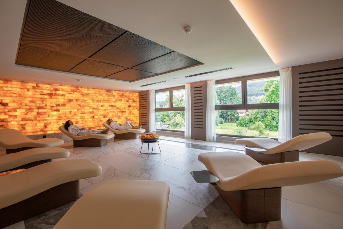 - une salle d'attente avec des canapés, des tables et des fenêtres dans l'établissement Rivage Hôtel & Spa Annecy, à Annecy