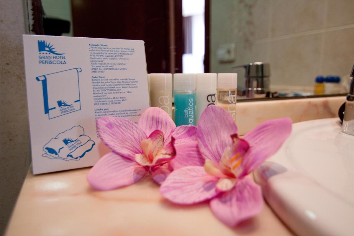 Dos flores rosas sobre el lavabo del baño. en Gran Hotel Peñiscola, en Peñíscola