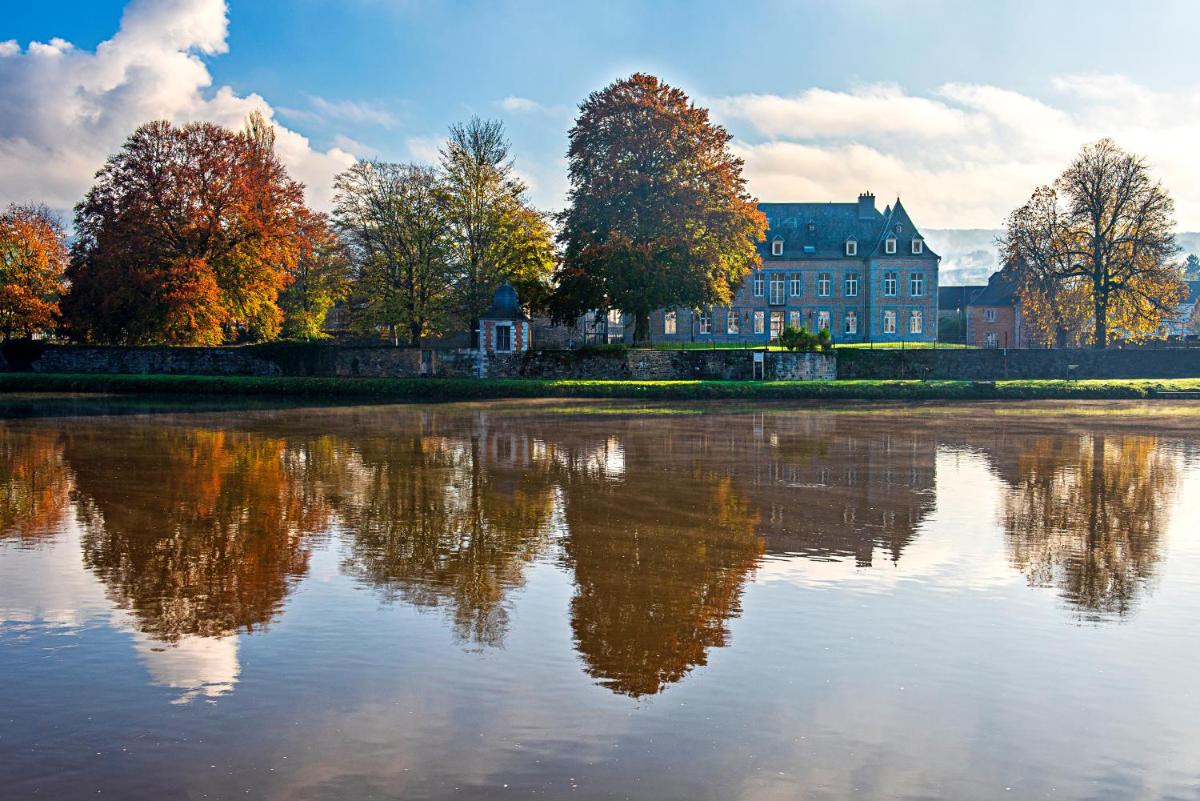 un grand bâtiment se reflète dans une masse d'eau dans l'établissement Chateau de Wallerand, à Vireux-Wallerand